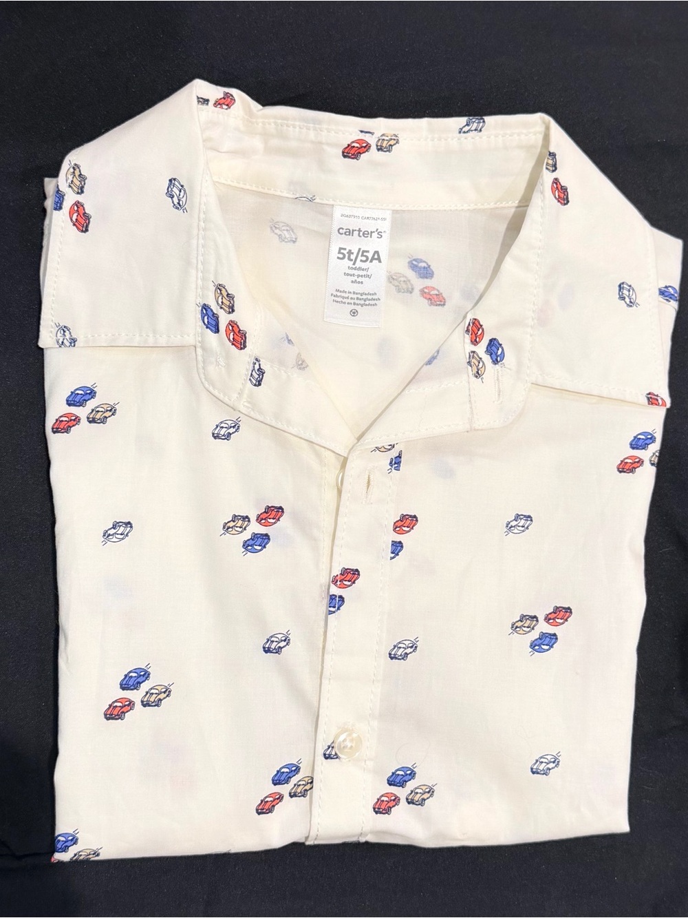 Carter's White Short-Sleeve Button-Down Shirt with Red, Blue, Tan Car Print
